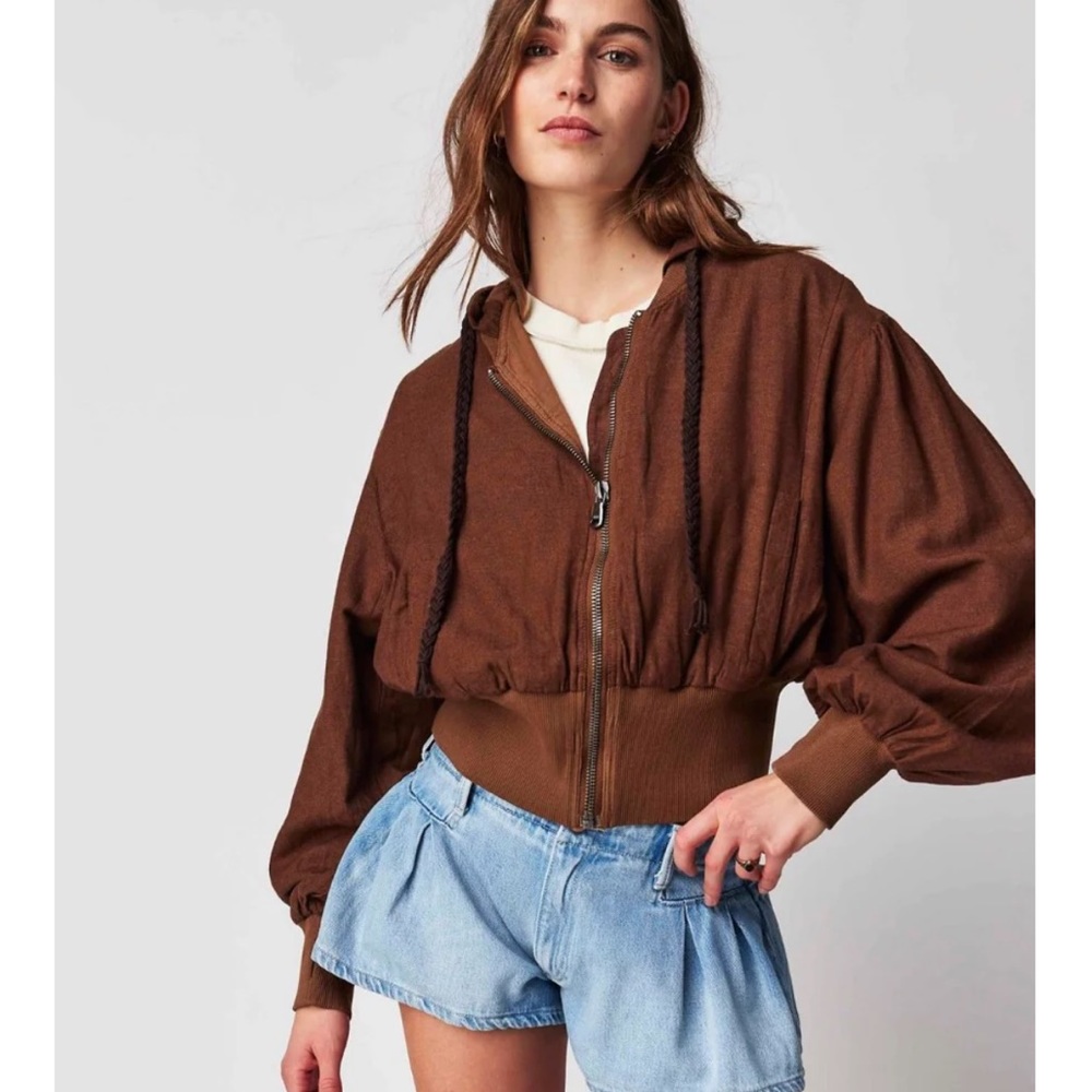 Free people Hannah hooded beach bomber jacket in henna nwt braided accents XS
